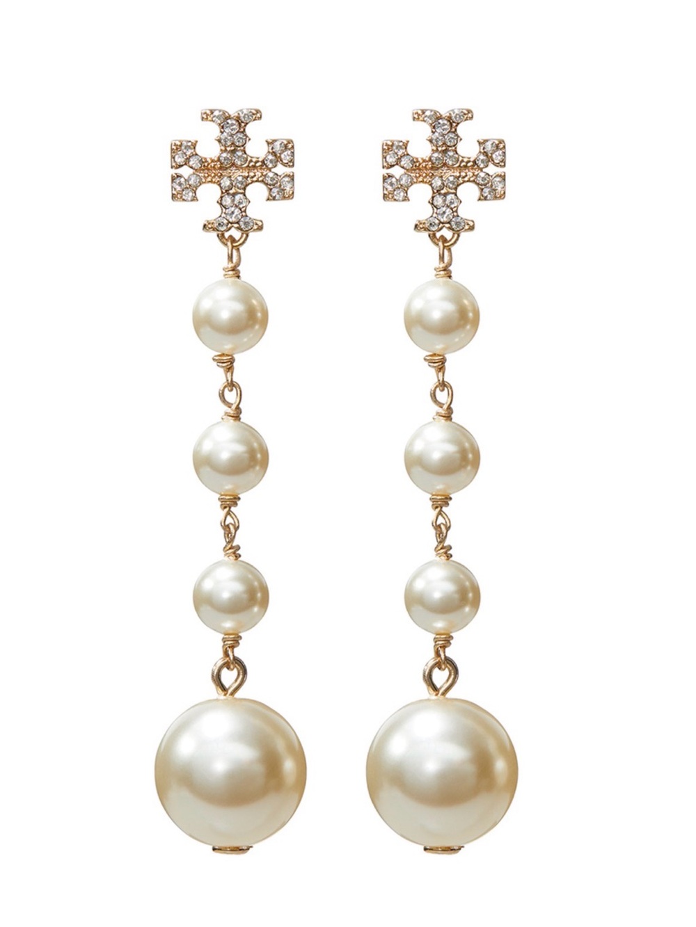 NWT Tory Burch Crystal Logo Graduated Pearl Drop Earrings Gold 3”